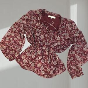 Loft burgundy and pink floral blouse